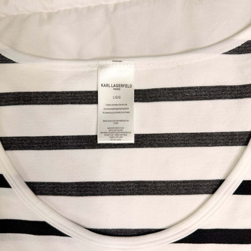 Karl Lagerfeld Paris Striped Logo Top NWT Size L Black White Knit Tee - Picture 3 of 7